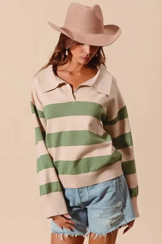 Polo Sweater Top – Wide Stripe, Soft Knit & Preppy-Chic-Apparel & Accessories-Evelyns Fashion