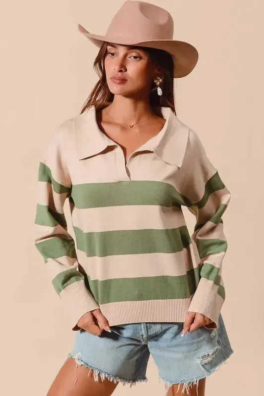 Polo Sweater Top – Wide Stripe, Soft Knit & Preppy-Chic-Apparel & Accessories-Evelyns Fashion
