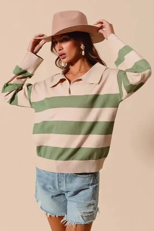 Polo Sweater Top – Wide Stripe, Soft Knit & Preppy-Chic-Apparel & Accessories-Evelyns Fashion