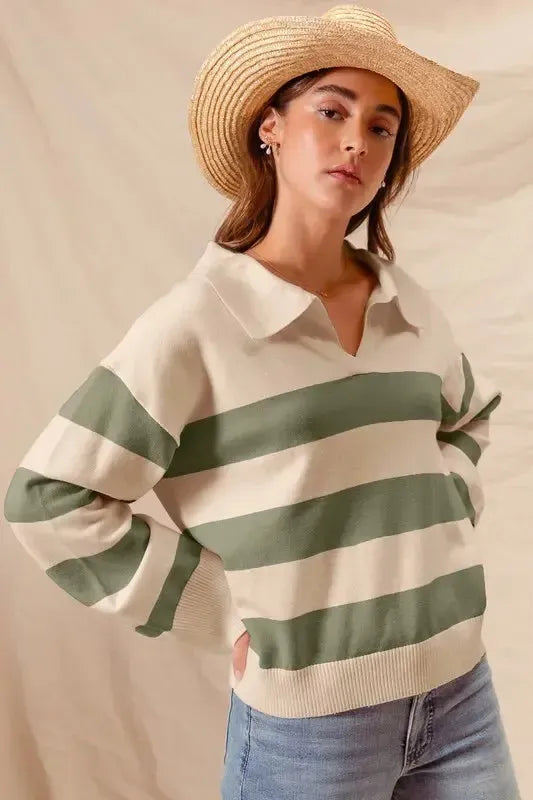 Polo Sweater Top – Wide Stripe, Soft Knit & Preppy-Chic-Apparel & Accessories-Evelyns Fashion