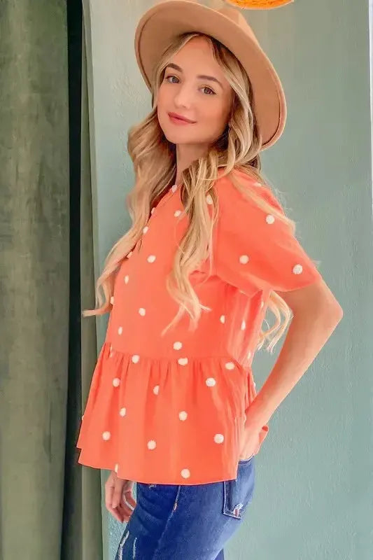 Pom Pom Polka Dots Short Sleeve Top-Apparel & Accessories-Evelyns Fashion