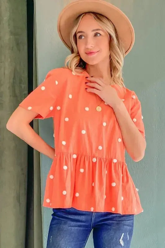 Pom Pom Polka Dots Short Sleeve Top-Apparel & Accessories-Evelyns Fashion