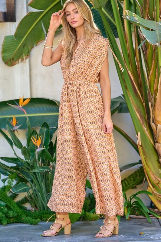 Printed V-Neck Sleeveless Jumpsuit-jumpsuits-Evelyns Fashion