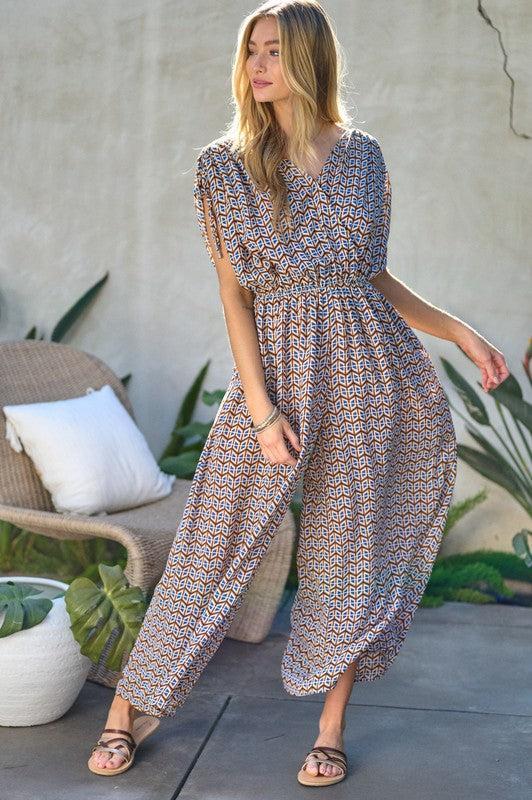 Printed V-Neck Sleeveless Jumpsuit-jumpsuits-Evelyns Fashion