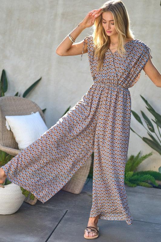 Printed V-Neck Sleeveless Jumpsuit-jumpsuits-Evelyns Fashion