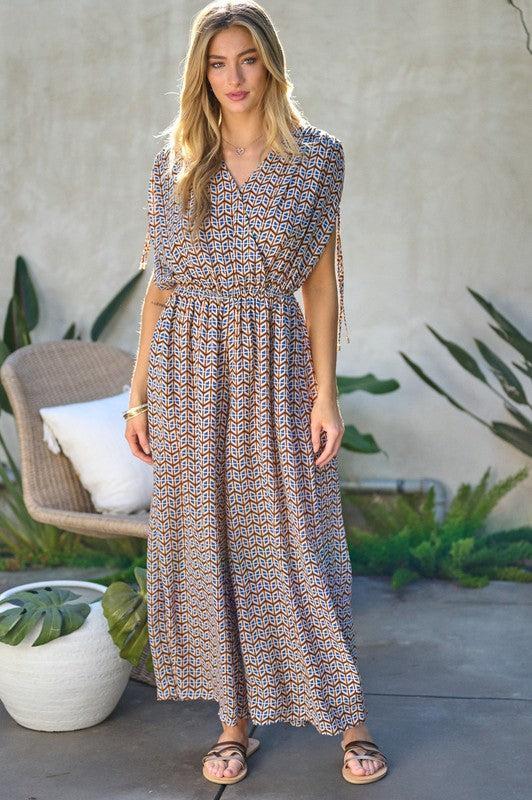 Printed V-Neck Sleeveless Jumpsuit-jumpsuits-Evelyns Fashion