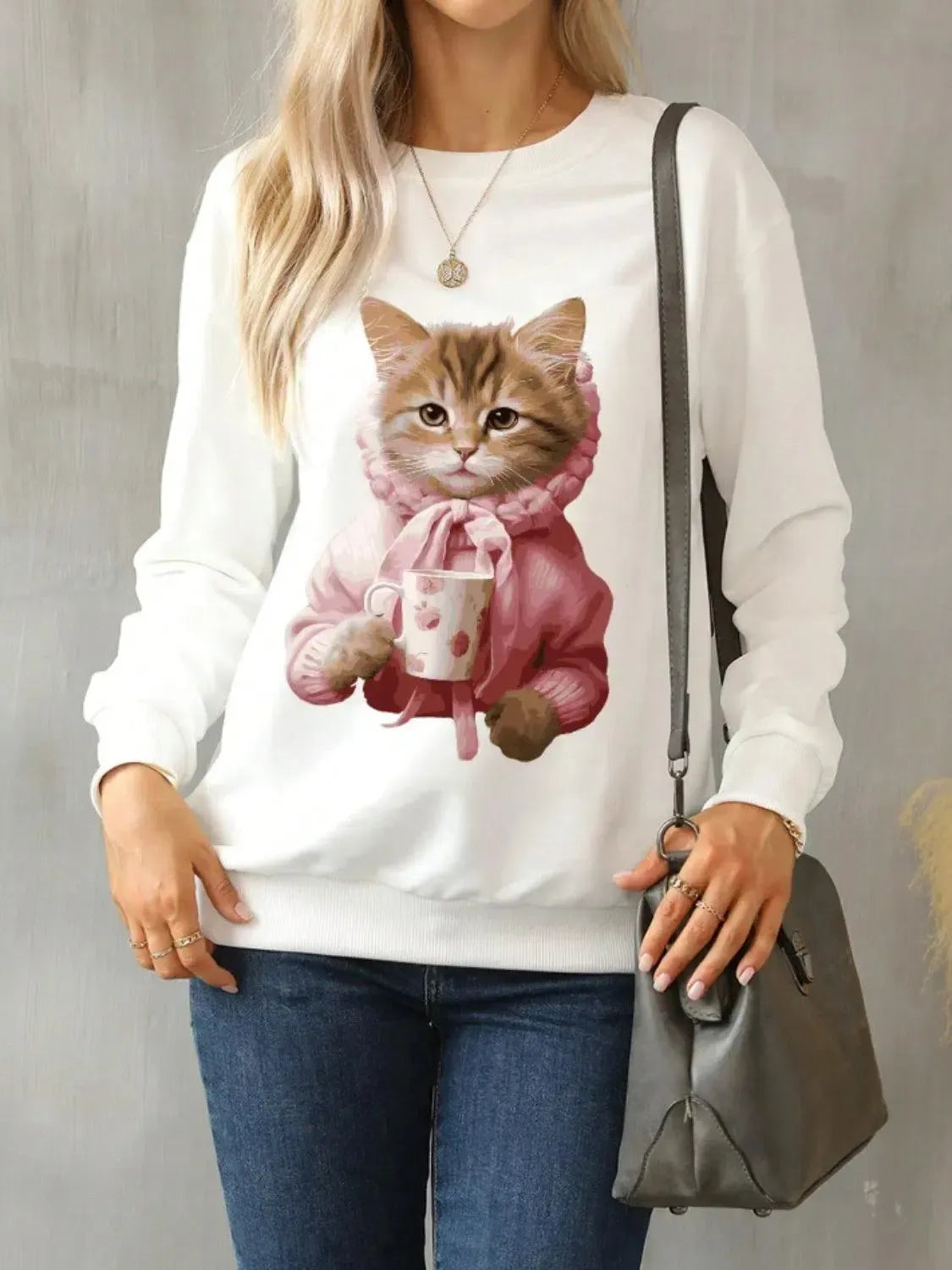 Purr-fect Comfort: Cat Lovers Round Neck Sweatshirt-Apparel & Accessories-Evelyns Fashion