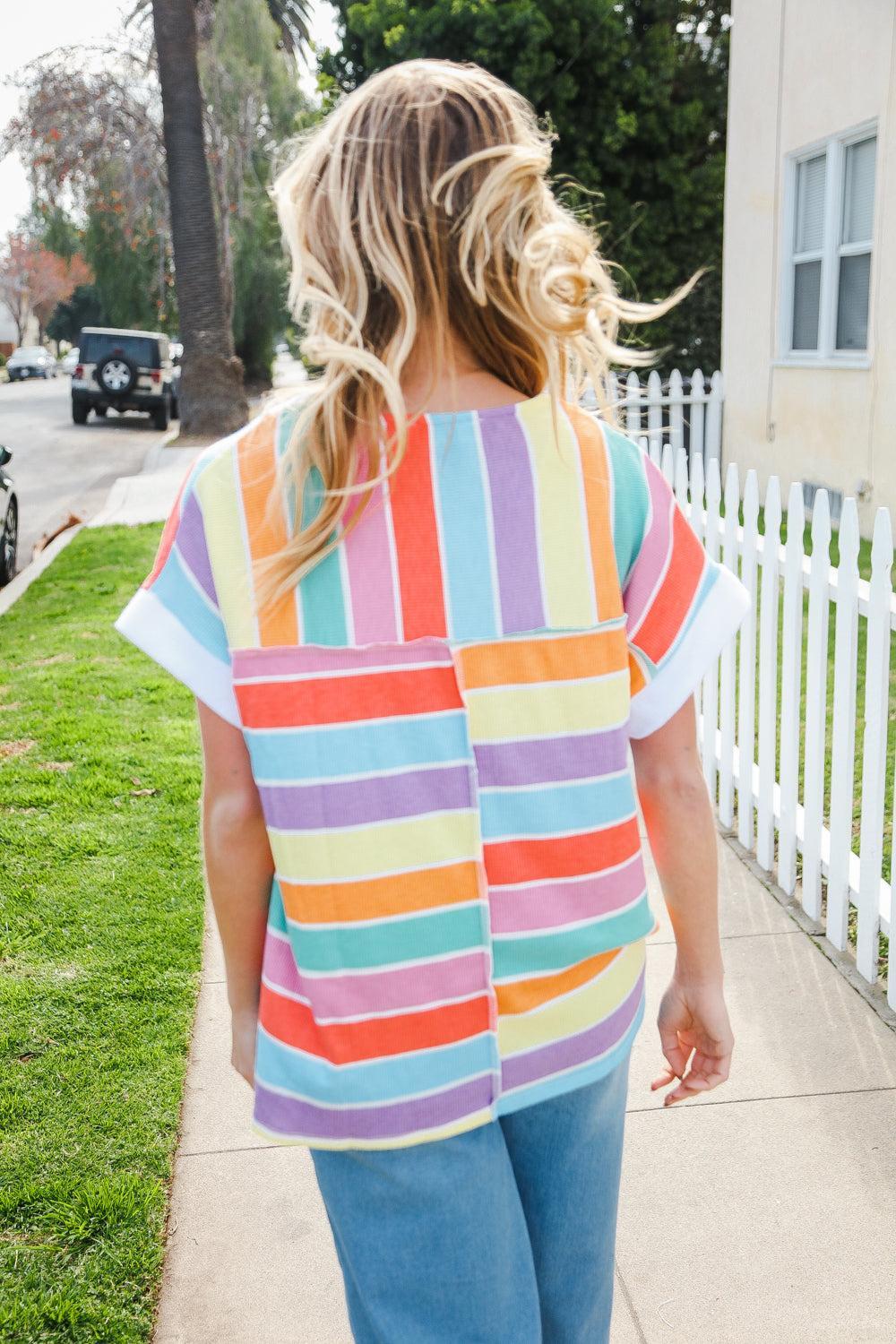 Rainbow Striped Thermal Top-Blouses-Evelyns Fashion