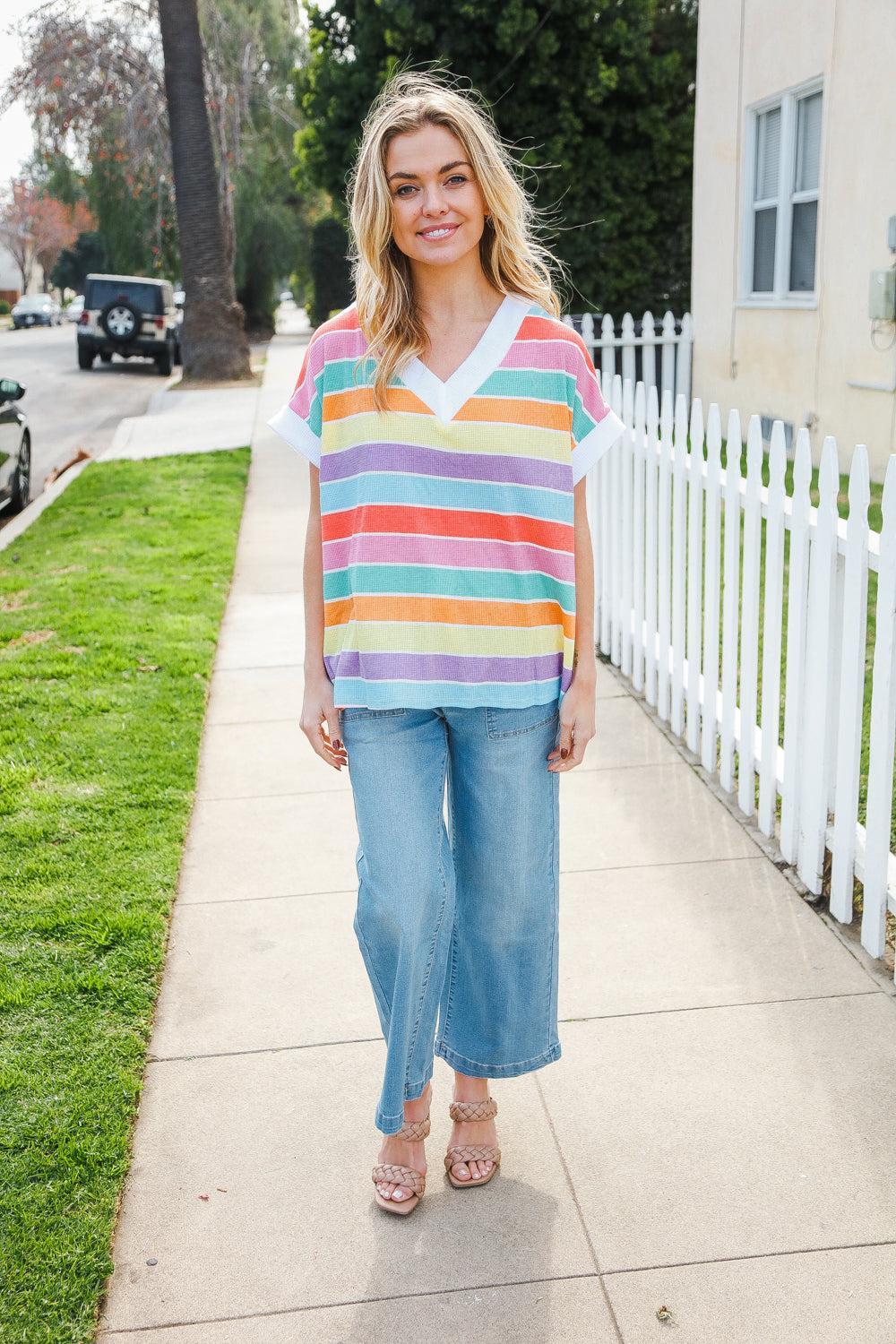 Rainbow Striped Thermal Top-Blouses-Evelyns Fashion