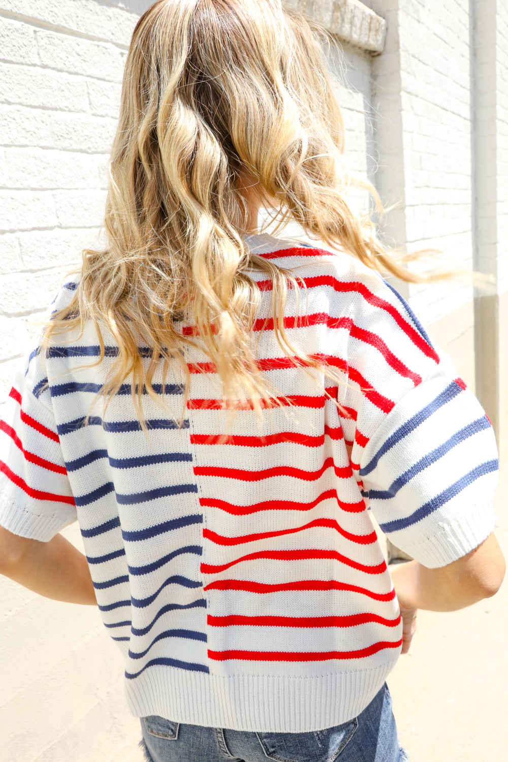 Red and Blue Stripe Sweater Top-Sweaters-Evelyns Fashion