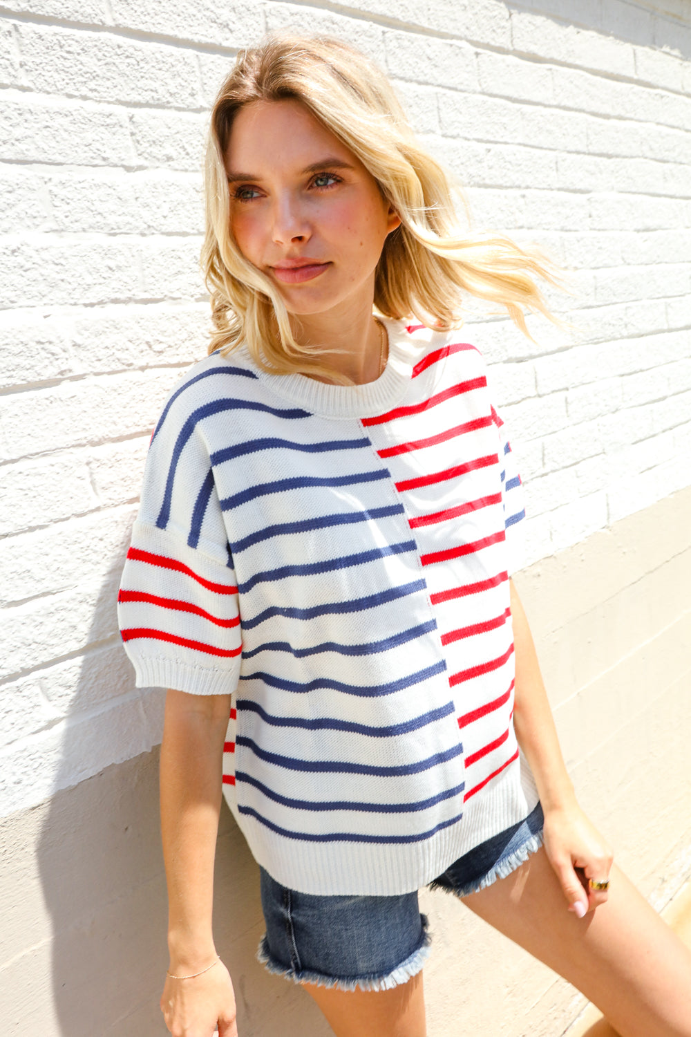 Red and Blue Stripe Sweater Top-Sweaters-Evelyns Fashion
