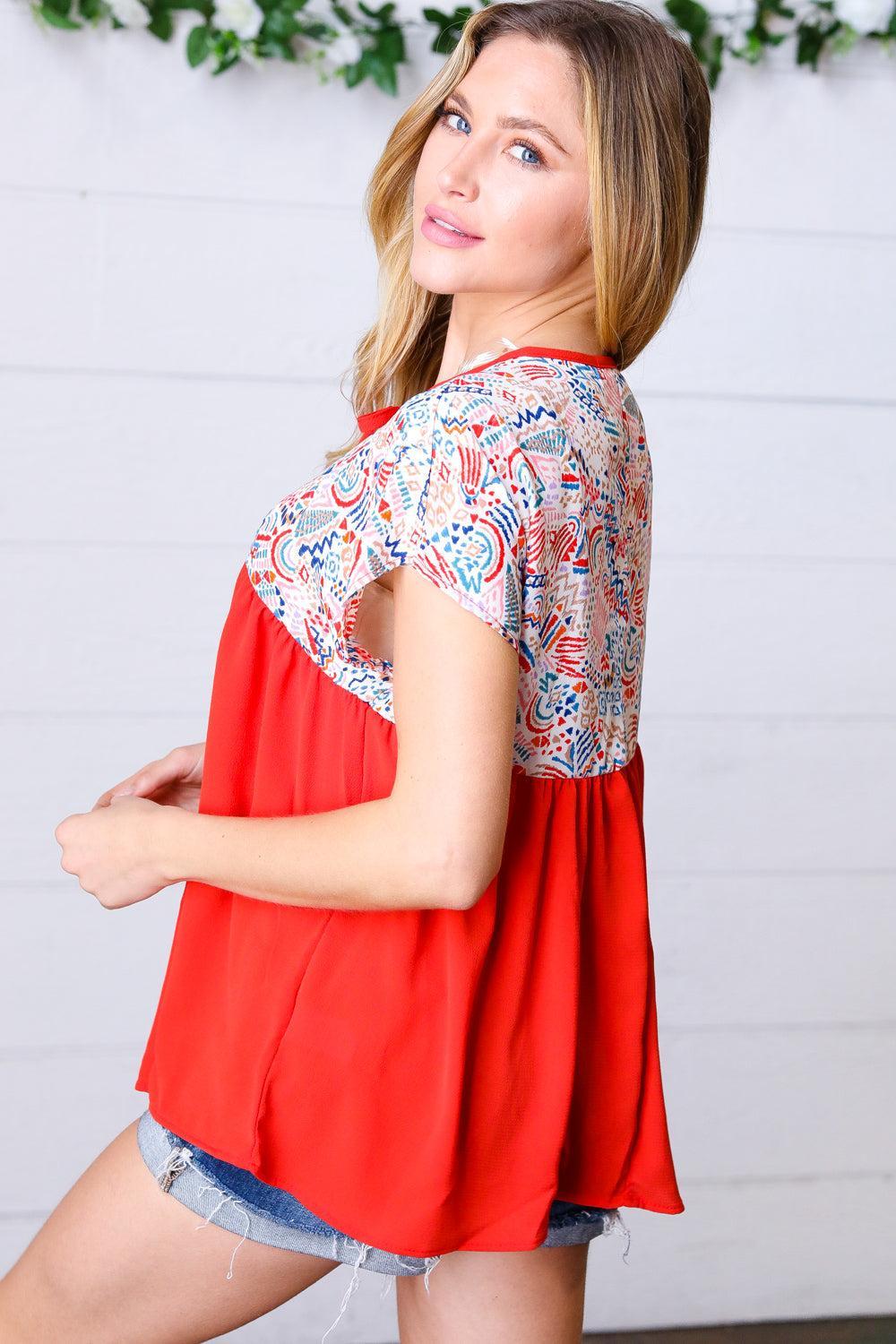 Red Boho Dolman Top-Short Sleeve Blouse-Evelyns Fashion