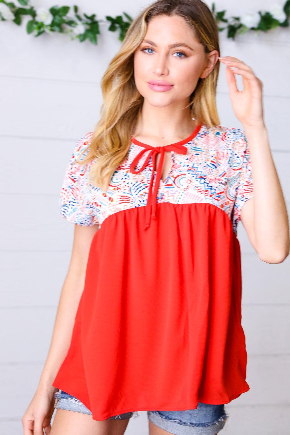 Red Boho Dolman Top-Short Sleeve Blouse-Evelyns Fashion