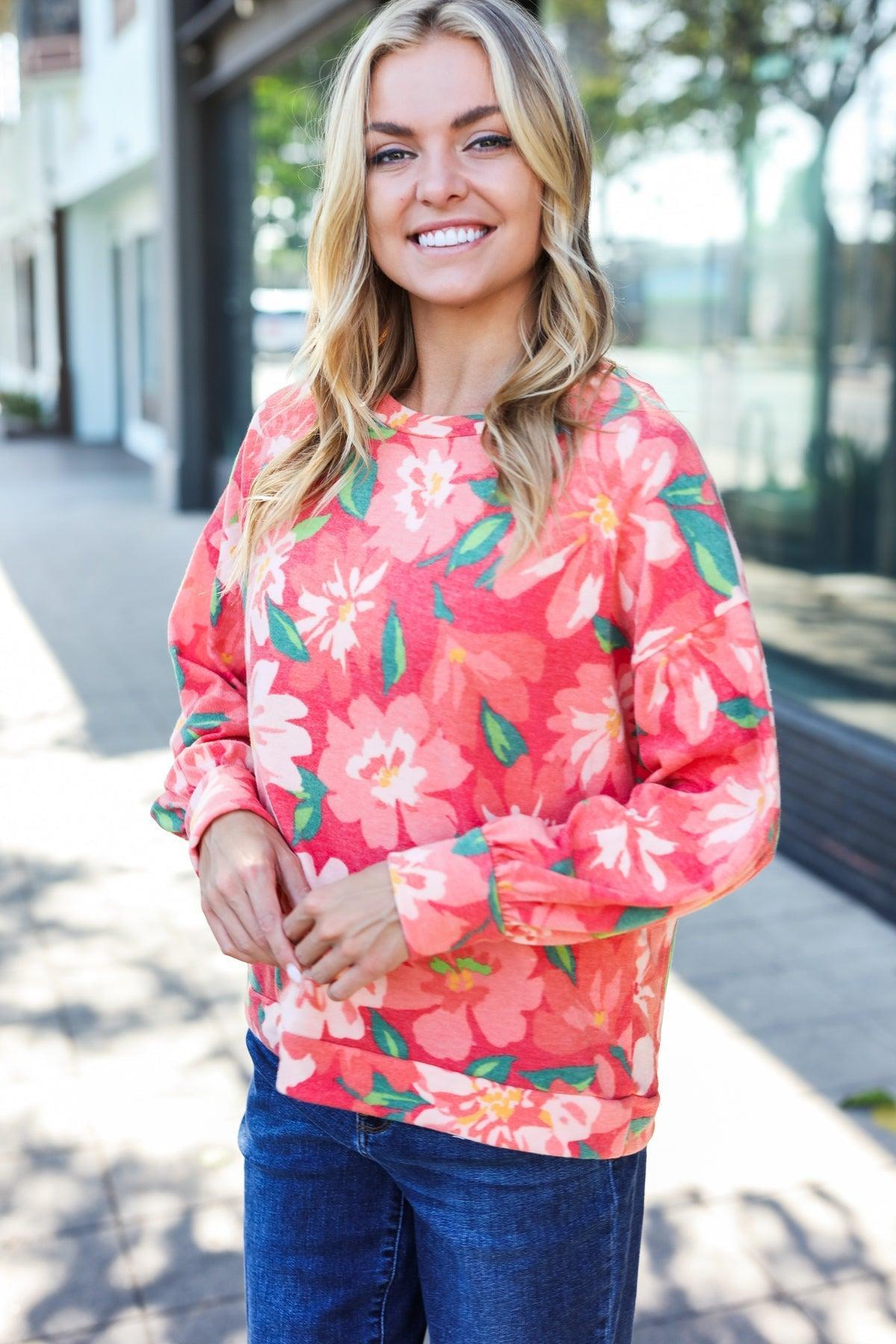 Red Floral Brushed Hacci Sweater Top-Sweater-Evelyns Fashion