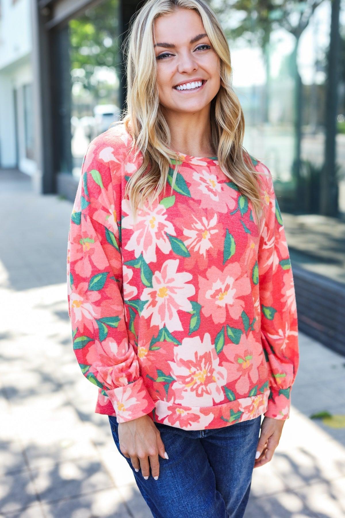 Red Floral Brushed Hacci Sweater Top-Sweater-Evelyns Fashion