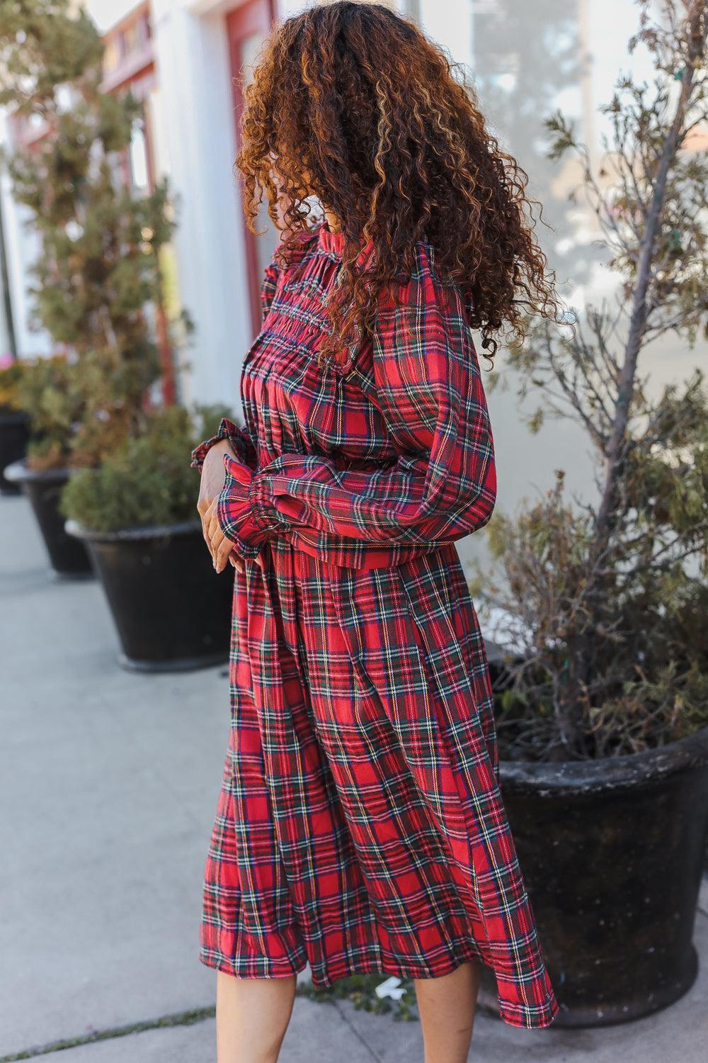 Red Plaid Check Woven Pocketed Dress-Dresses-Evelyns Fashion