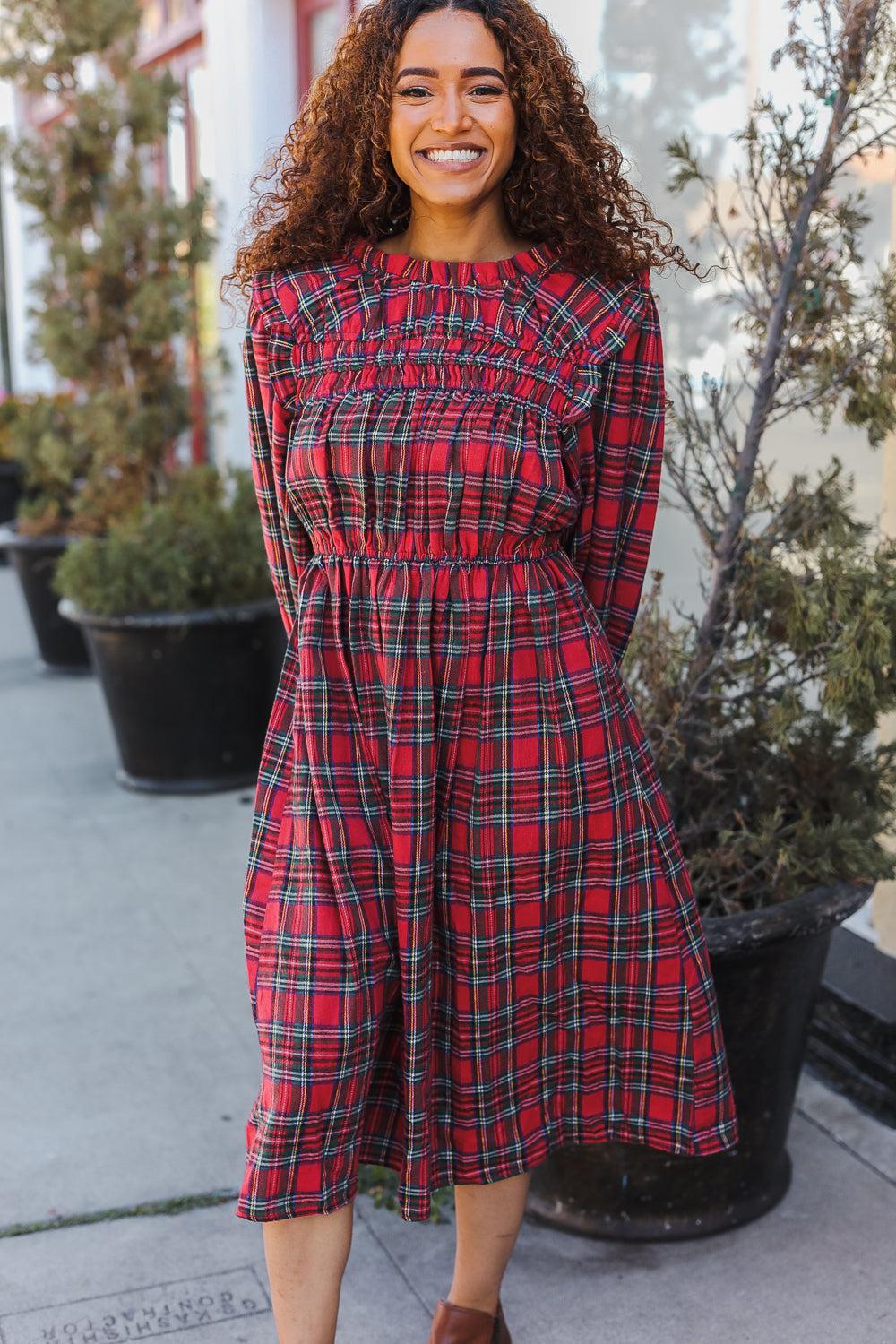 Red Plaid Check Woven Pocketed Dress-Dresses-Evelyns Fashion