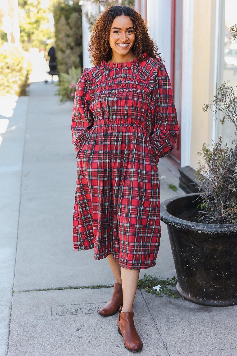 Red Plaid Check Woven Pocketed Dress-Dresses-Evelyns Fashion
