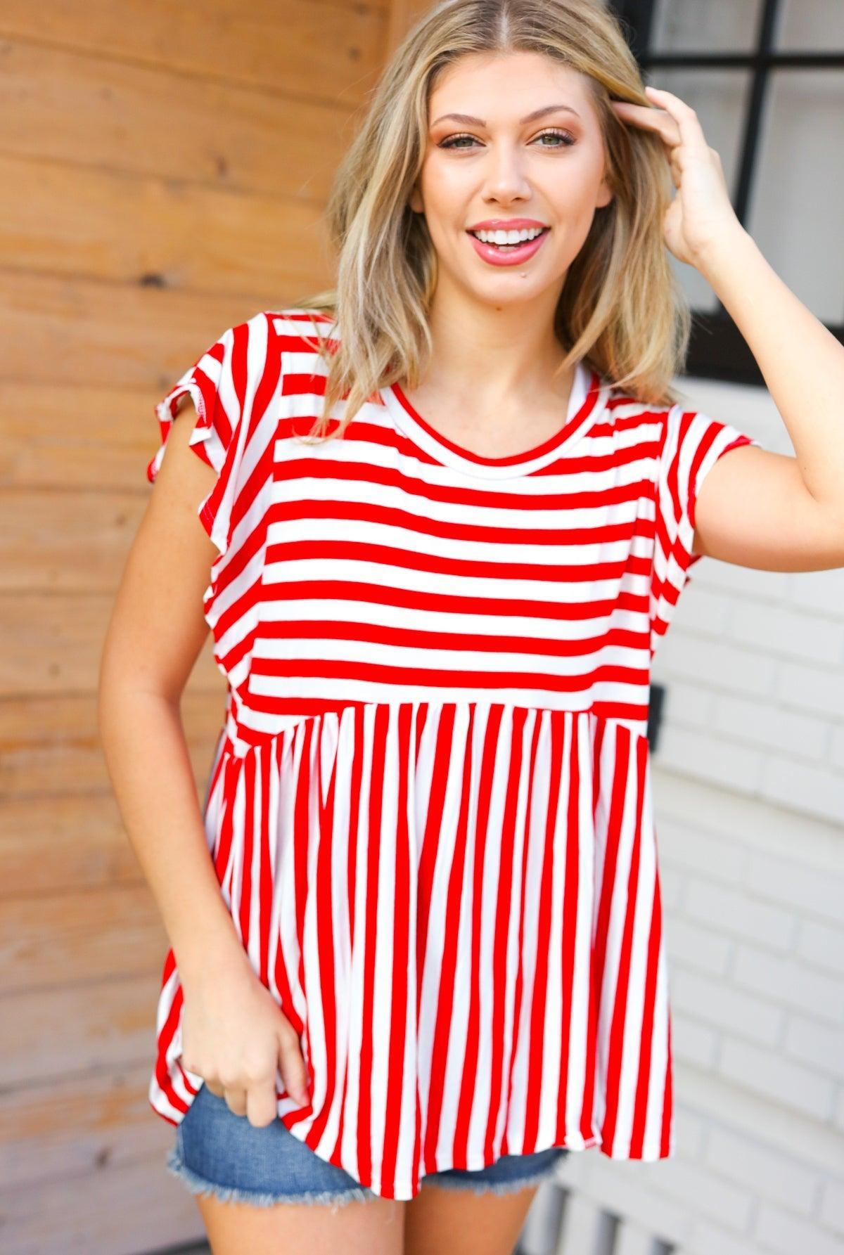 Red Stripe Babydoll Top-Short Sleeve Blouse-Evelyns Fashion