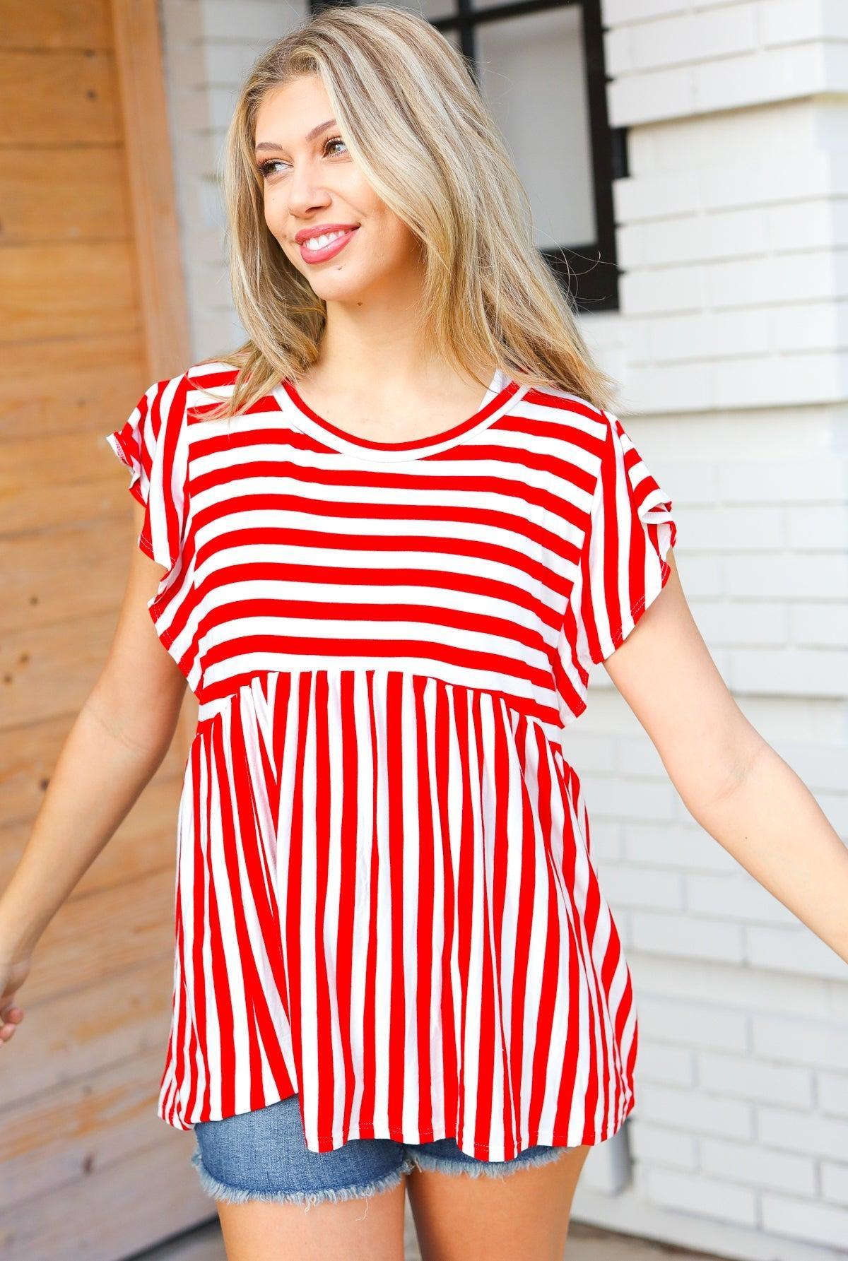 Red Stripe Babydoll Top-Short Sleeve Blouse-Evelyns Fashion
