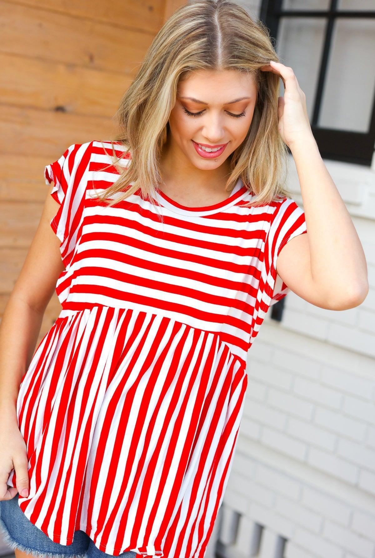 Red Stripe Babydoll Top-Short Sleeve Blouse-Evelyns Fashion