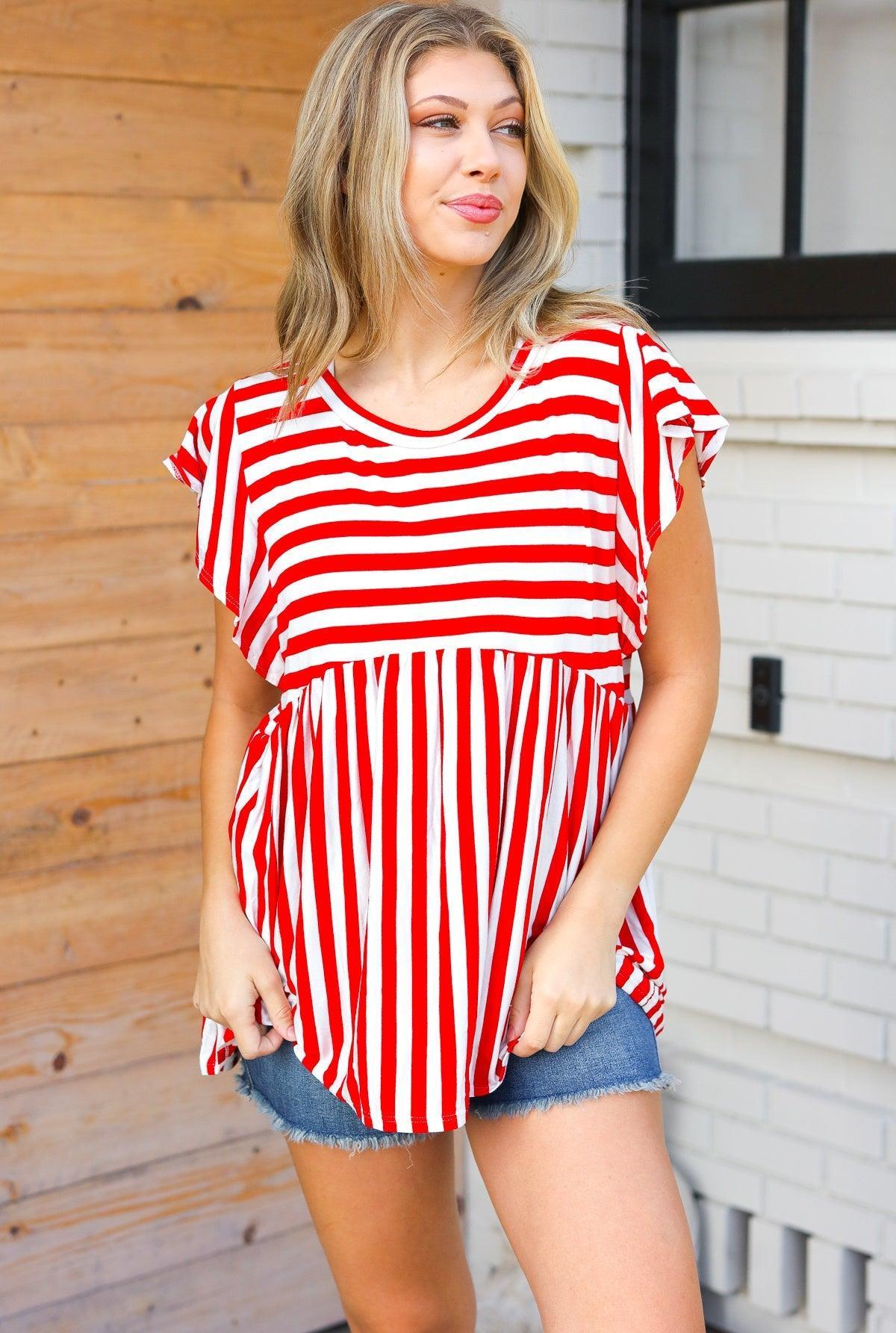 Red Stripe Babydoll Top-Short Sleeve Blouse-Evelyns Fashion