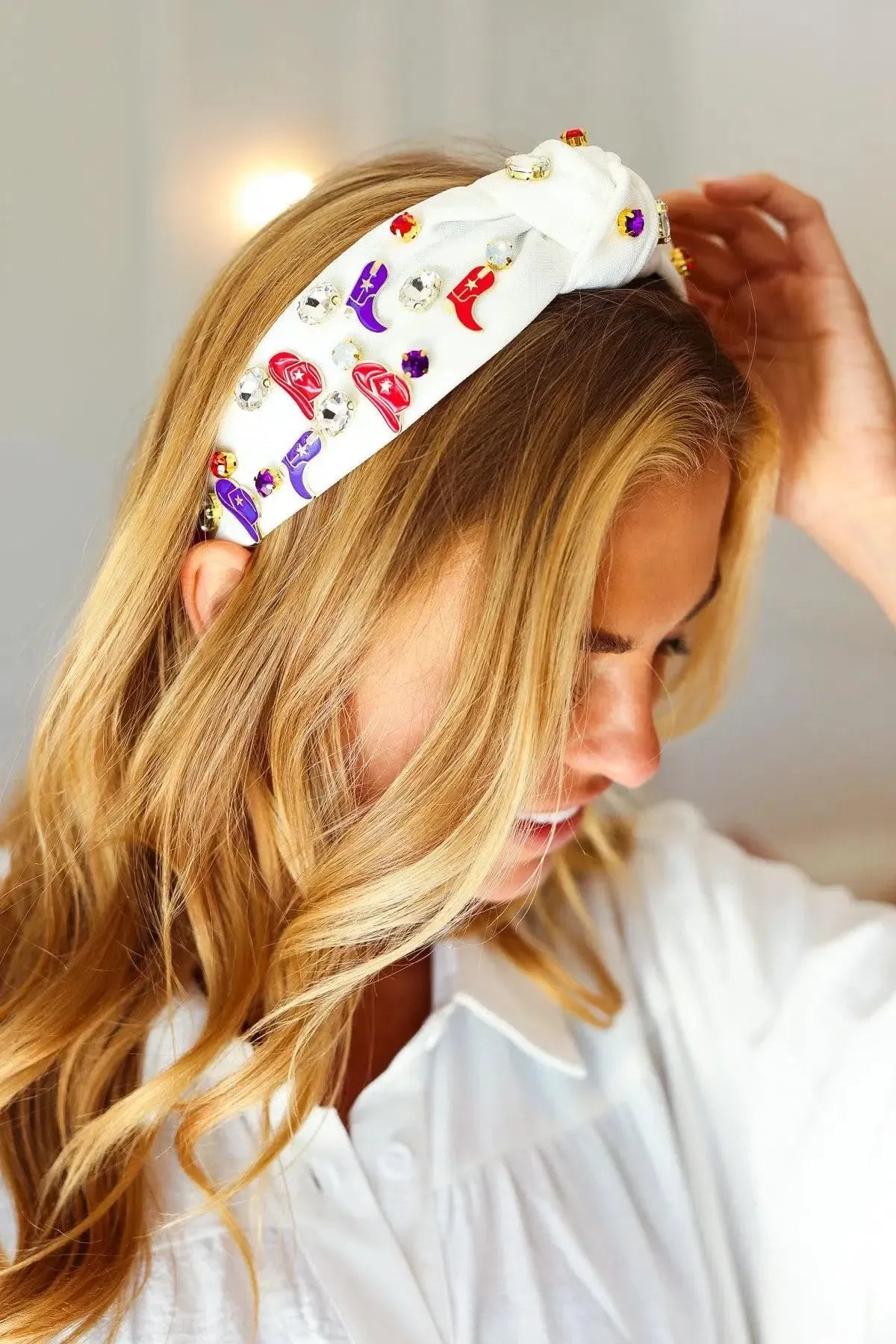 Red White & Blue Gem Cowboy Embellished Top Knot Headband-2024 Blow-Out Sale-Evelyns Fashion
