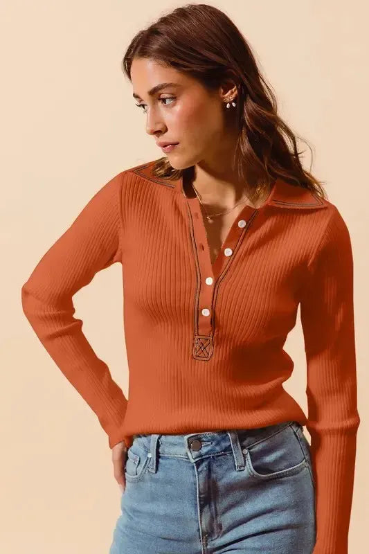 Ribbed Knit Top – Stretchy, Soft & Flattering-Long Sleeve Blouse-Evelyns Fashion