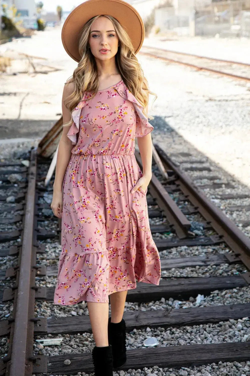 Rose Floral Halter Ruffle Hem Pocketed Midi Dress-2024 Blow-Out Sale-Evelyns Fashion