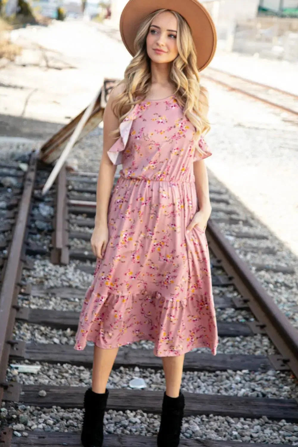 Rose Floral Halter Ruffle Hem Pocketed Midi Dress-2024 Blow-Out Sale-Evelyns Fashion