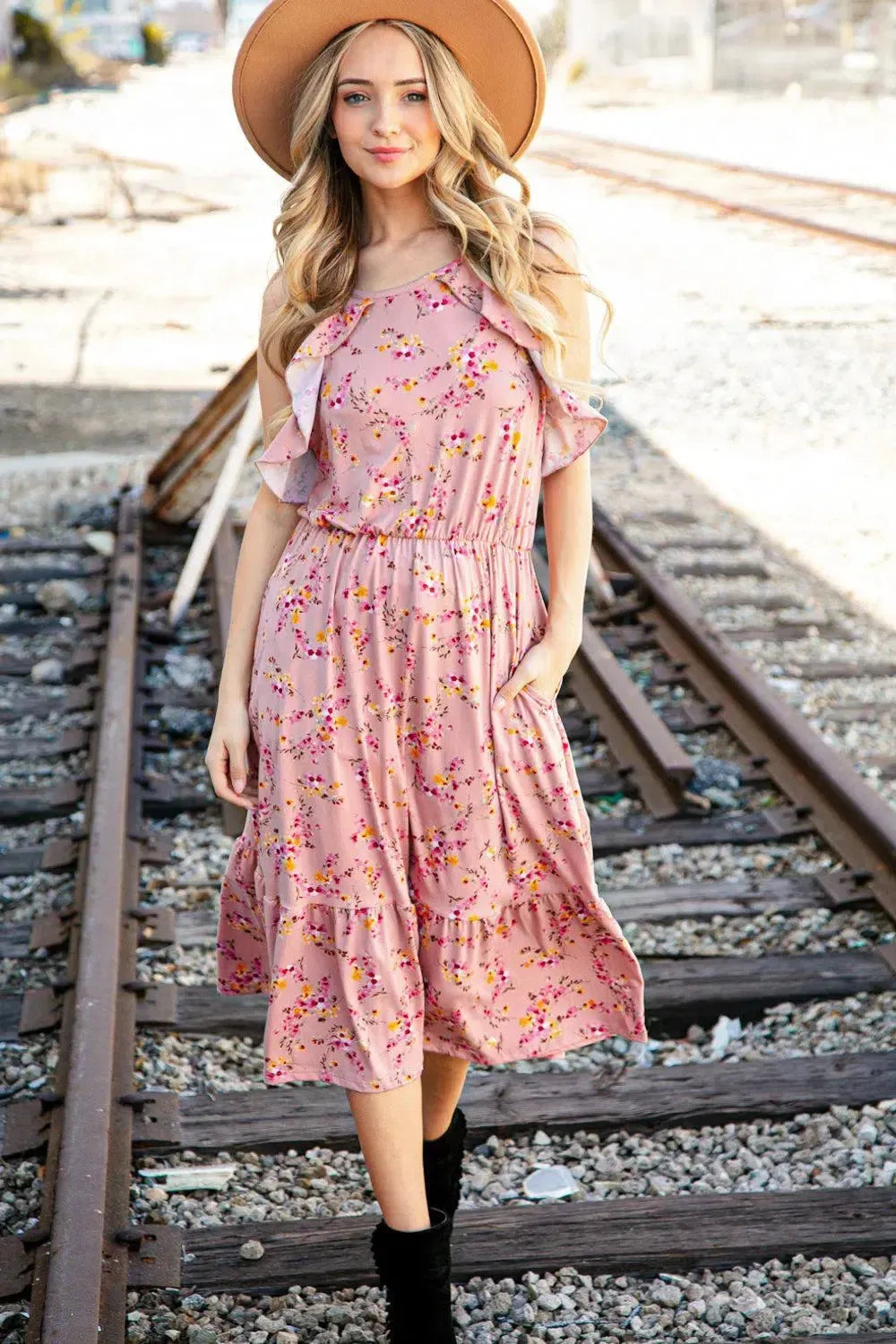 Rose Floral Halter Ruffle Hem Pocketed Midi Dress-2024 Blow-Out Sale-Evelyns Fashion
