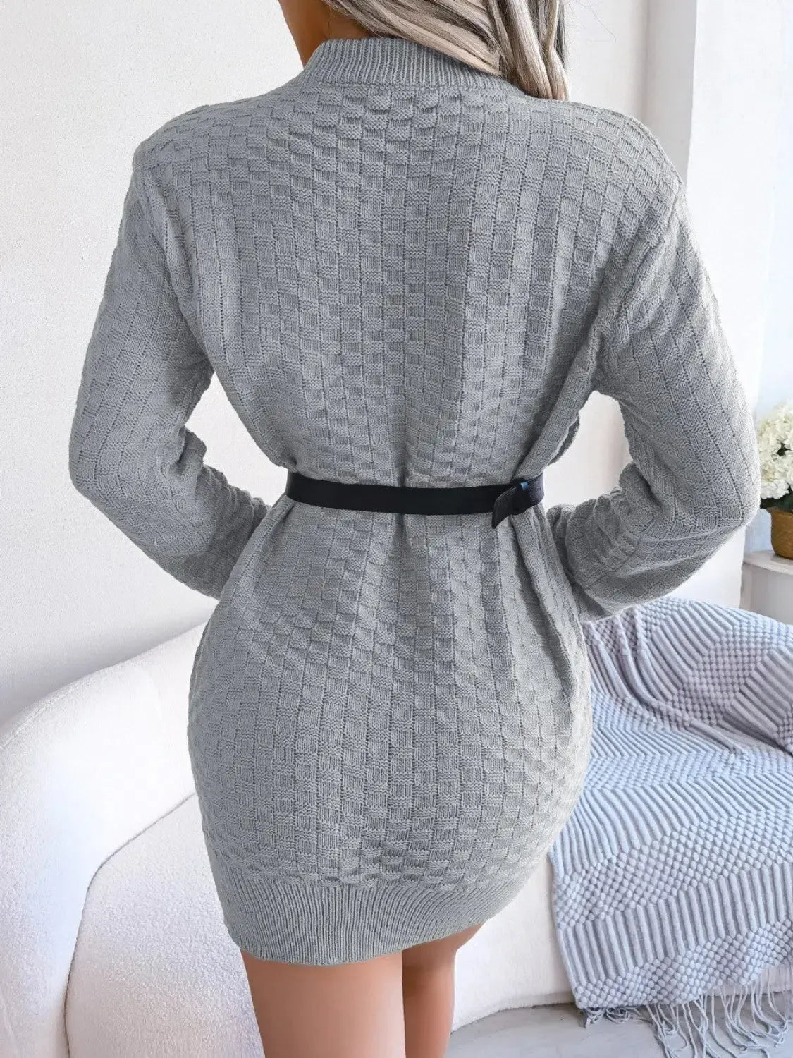 Round Neck Long Sleeve Mini Sweater Dress-dresses-Evelyns Fashion