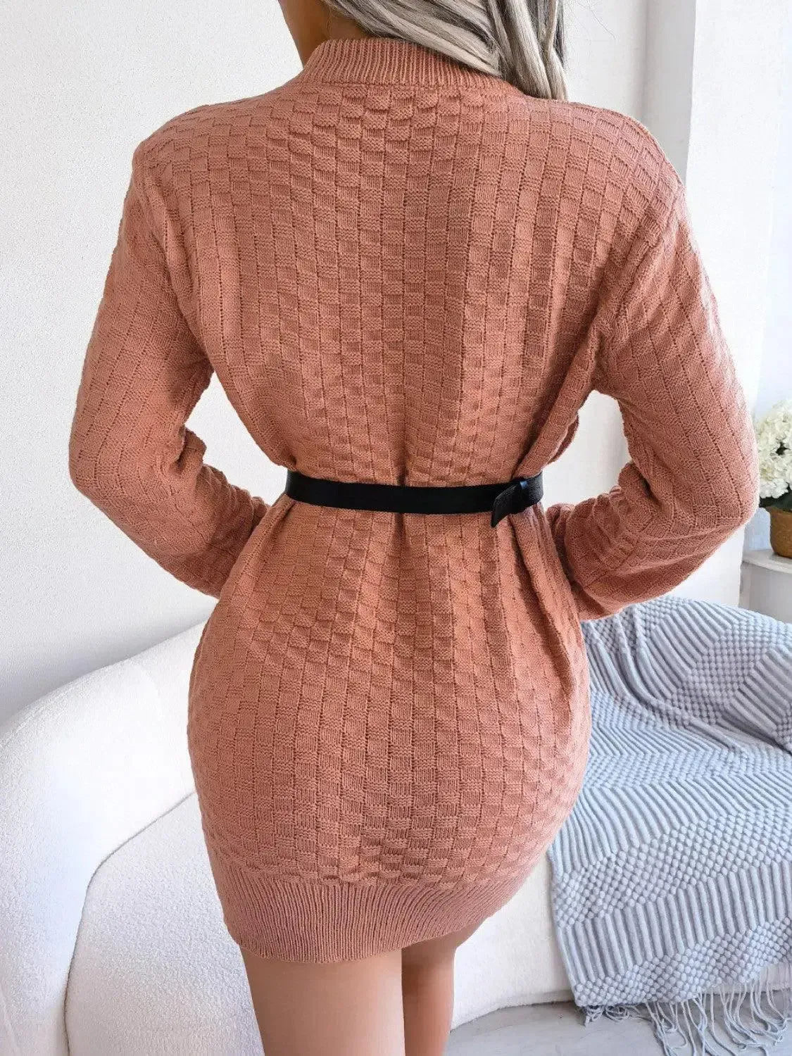 Round Neck Long Sleeve Mini Sweater Dress-dresses-Evelyns Fashion