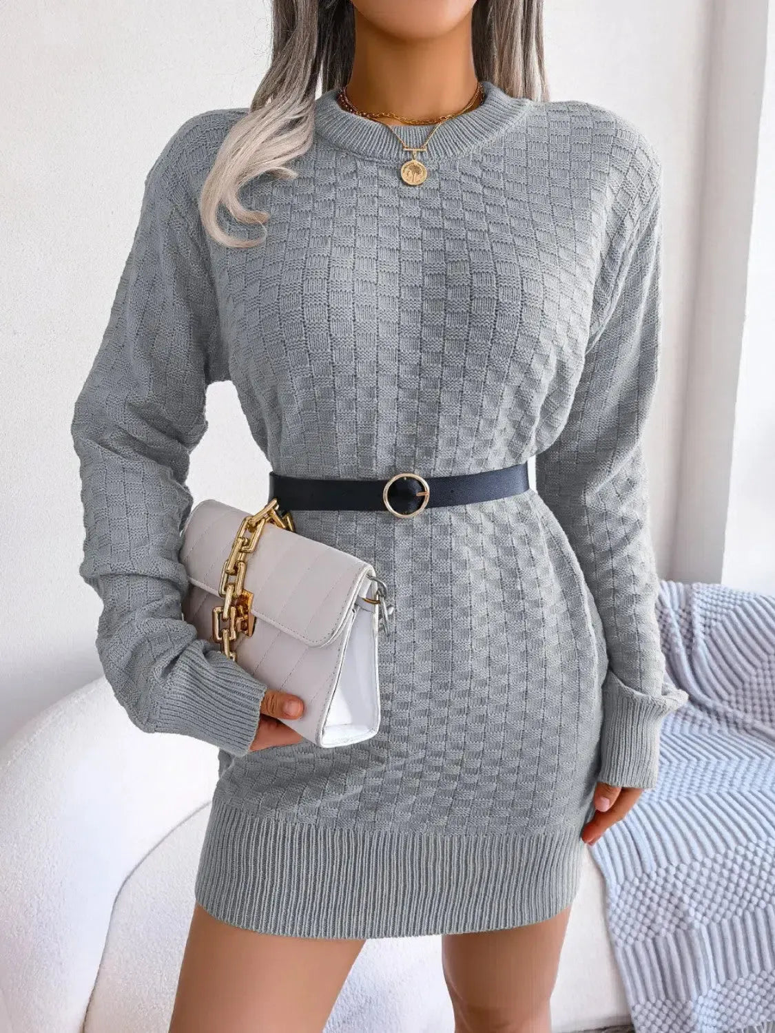Round Neck Long Sleeve Mini Sweater Dress-dresses-Evelyns Fashion