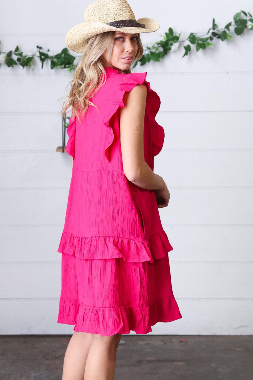 Ruffle Crinkle Dress in French Rose-Dresses-Evelyns Fashion