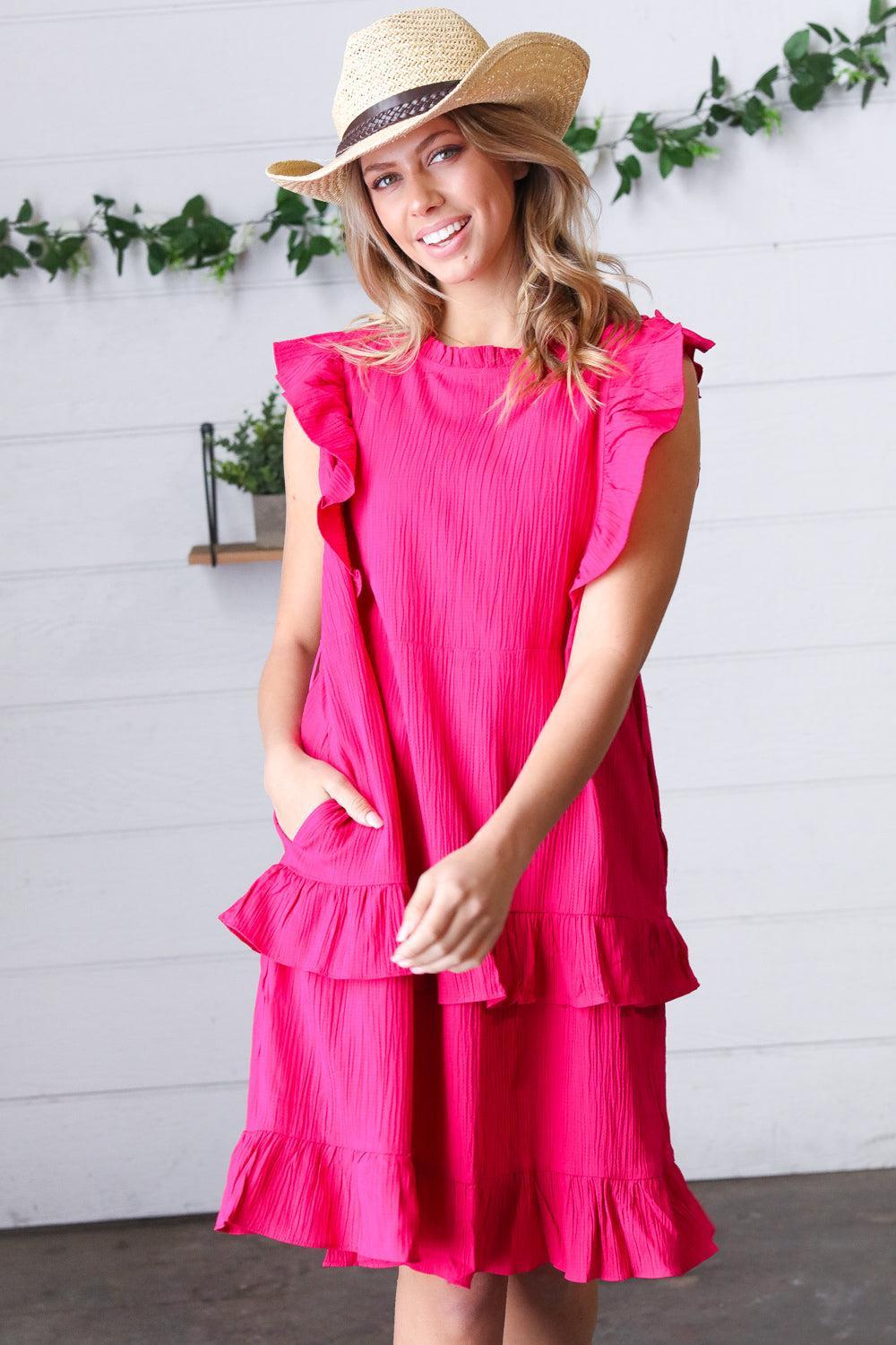 Ruffle Crinkle Dress in French Rose-Dresses-Evelyns Fashion