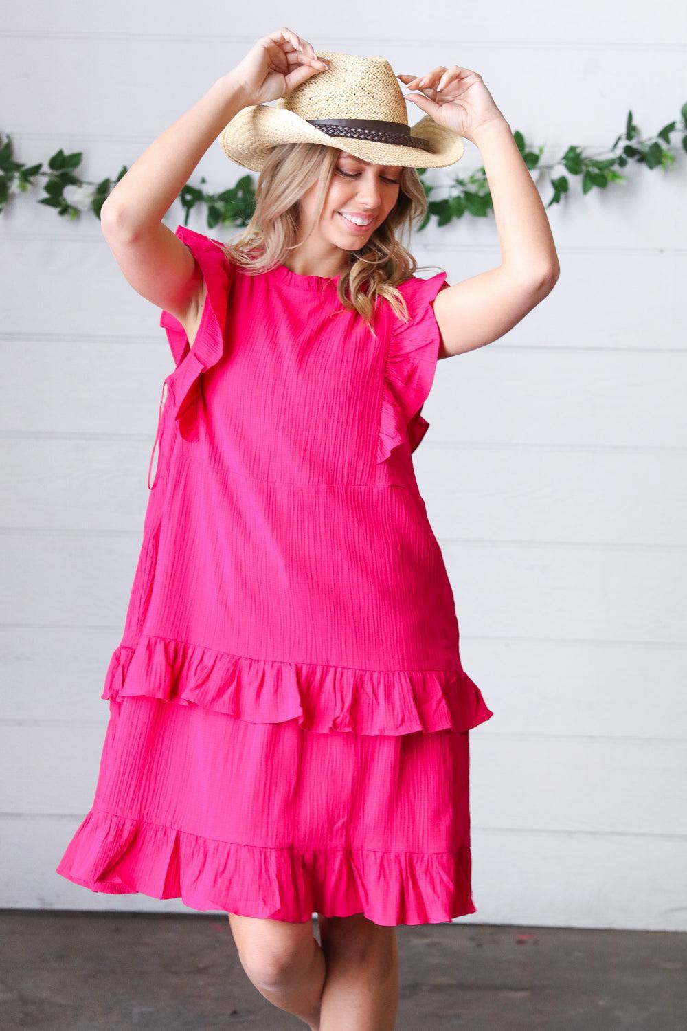 Ruffle Crinkle Dress in French Rose-Dresses-Evelyns Fashion