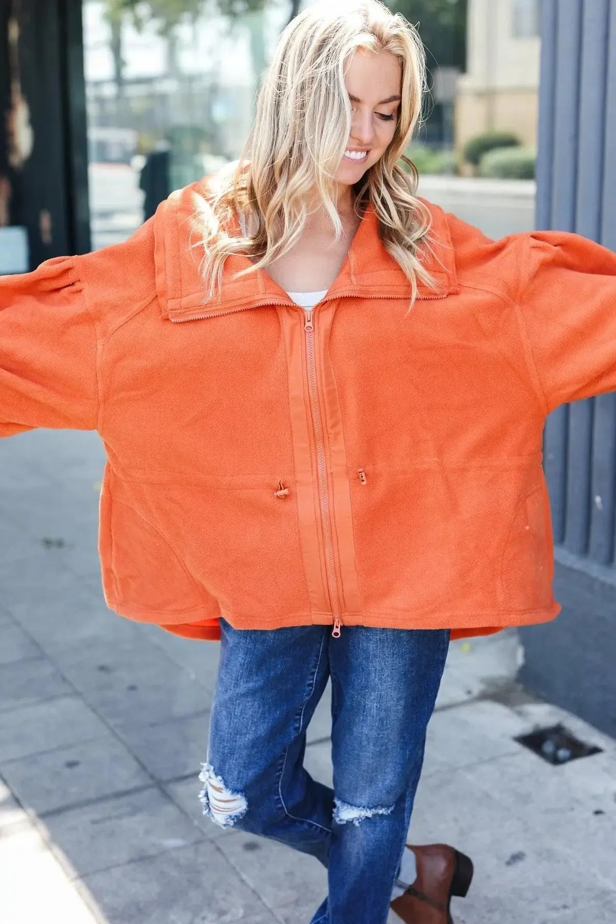 Rust Fleece Jacket – Cinched Waist, Cozy & Stylish Outerwear-2024 Blow-Out Sale-Evelyns Fashion