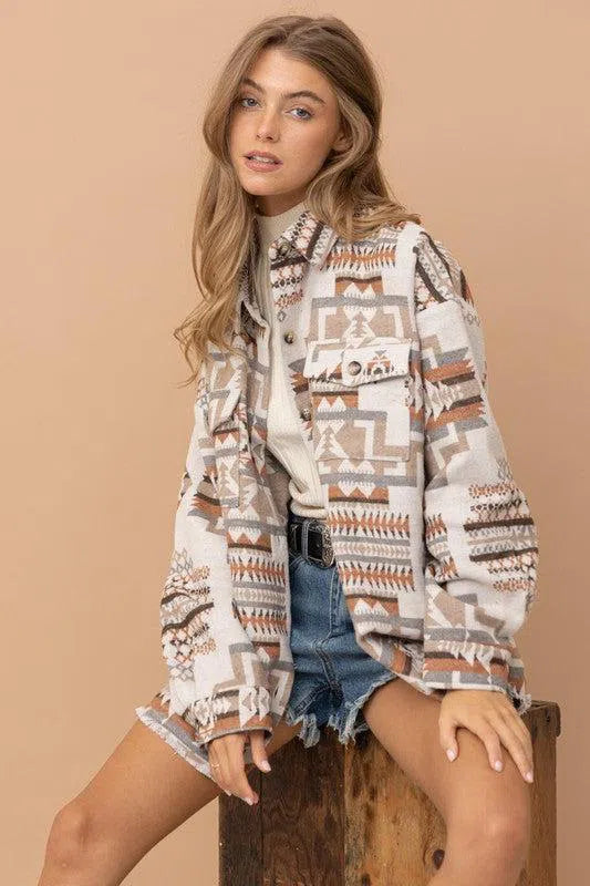 Rustic Charm: Frayed Aztec Western Shacket-long sleeve-Evelyns Fashion