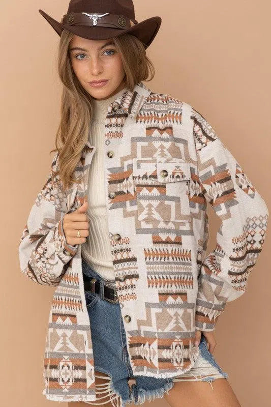 Rustic Charm: Frayed Aztec Western Shacket-long sleeve-Evelyns Fashion