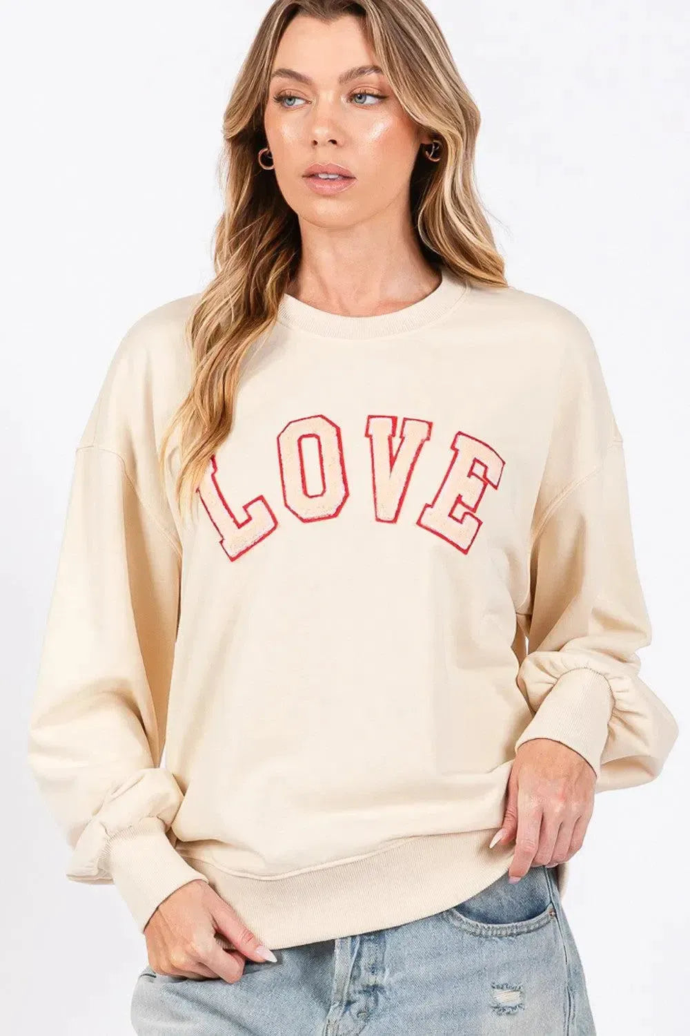 SAGE + FIG LOVE Path Applique Drop Shoulder Sweatshirt-Apparel & Accessories-Evelyns Fashion