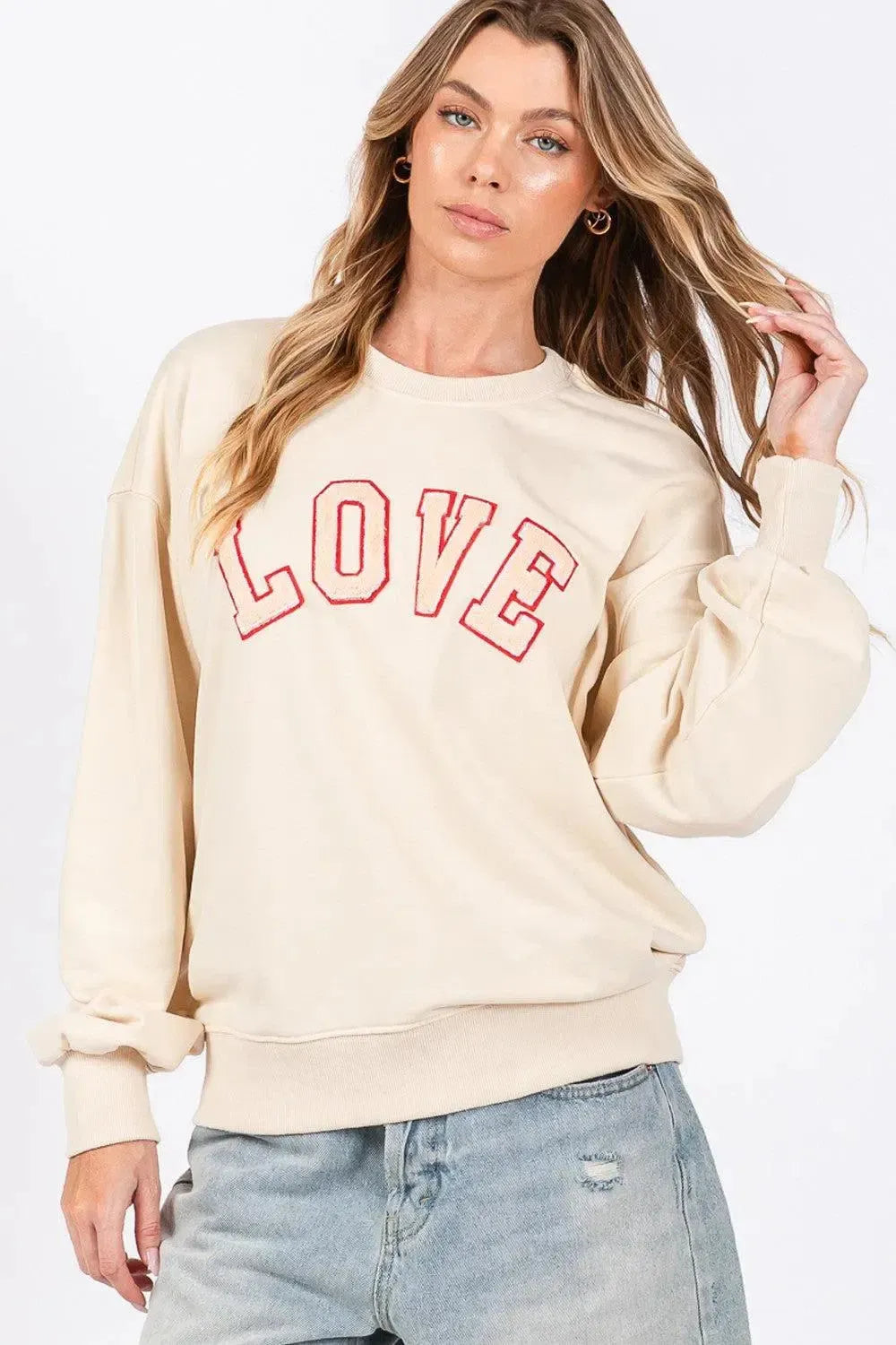SAGE + FIG LOVE Path Applique Drop Shoulder Sweatshirt-Apparel & Accessories-Evelyns Fashion