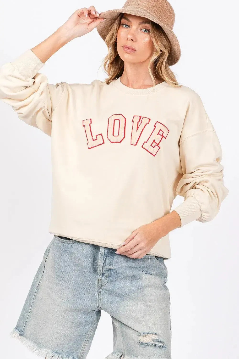 SAGE + FIG LOVE Path Applique Drop Shoulder Sweatshirt-Apparel & Accessories-Evelyns Fashion