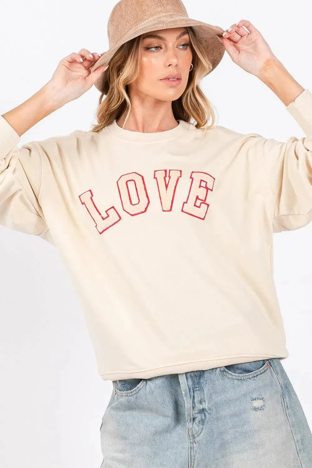 SAGE + FIG LOVE Path Applique Drop Shoulder Sweatshirt-Apparel & Accessories-Evelyns Fashion