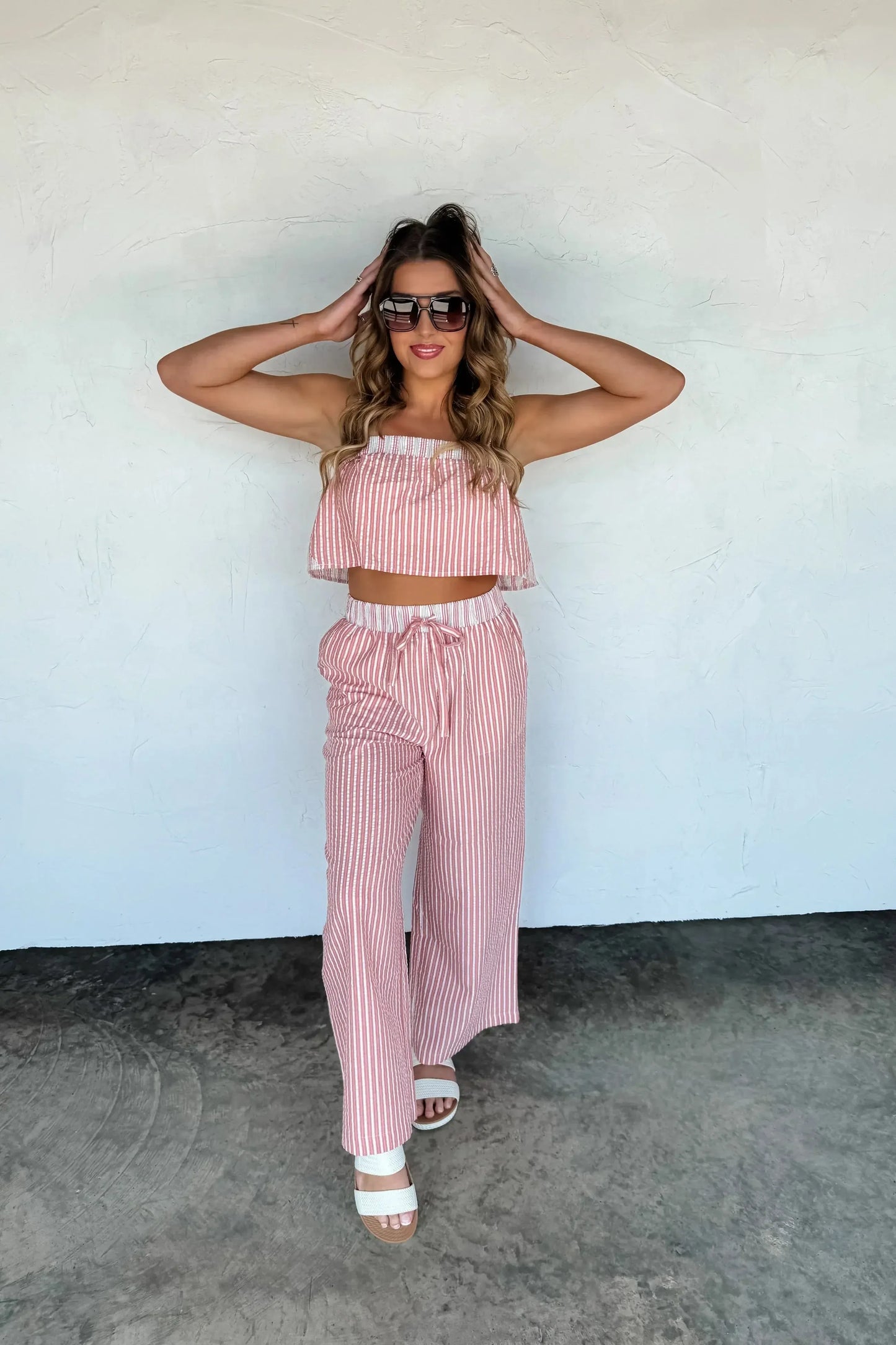 Seersucker Pant Set-Womens-Evelyns Fashion