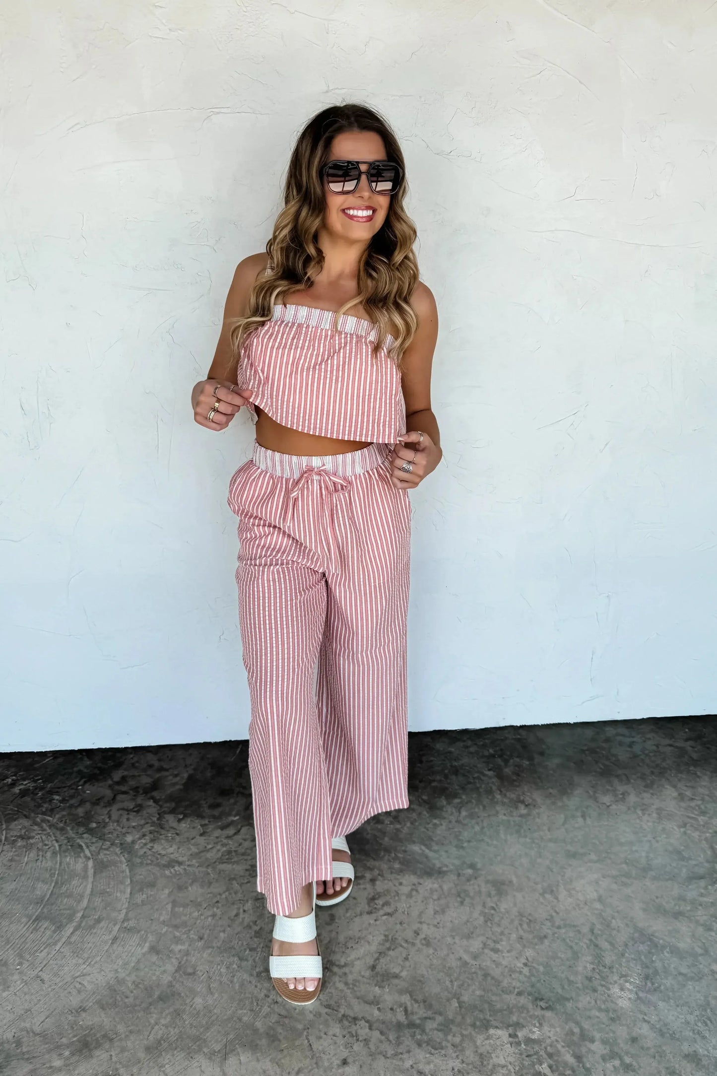 Seersucker Pant Set-Womens-Evelyns Fashion