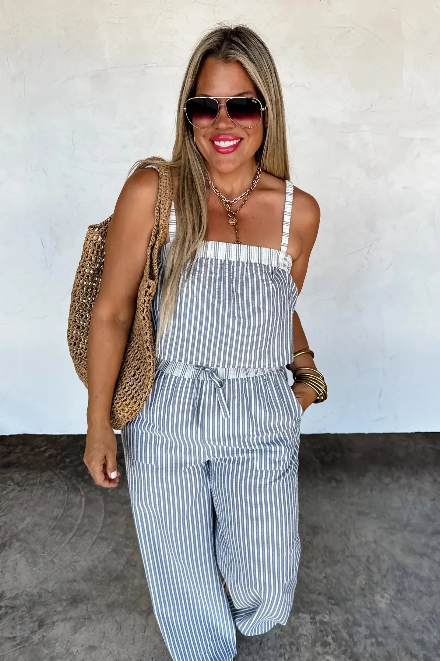 Seersucker Pant Set-Womens-Evelyns Fashion