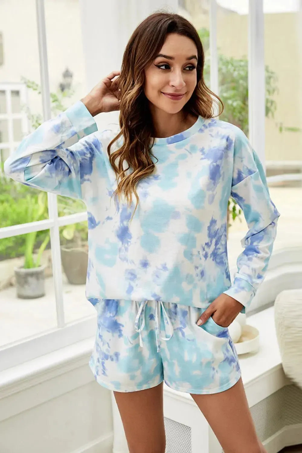 Shiny Tie-Dye Dropped Shoulder Top and Shorts Lounge Set-Apparel & Accessories-Evelyns Fashion