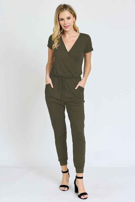 Short Sleeve Jogger Jumpsuit-Jumpsuits-Evelyns Fashion