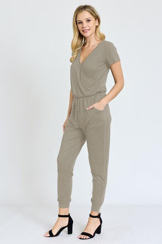 Short Sleeve Jogger Jumpsuit-Jumpsuits-Evelyns Fashion